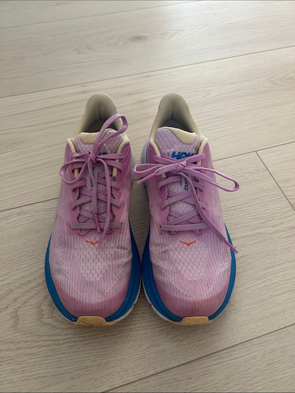 Hoka Women’s Pink Running Sneakers with Blue Trim size 6.5
